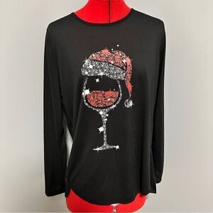 Lilicloth black T-shirt with Christmas wine glass. Size medium